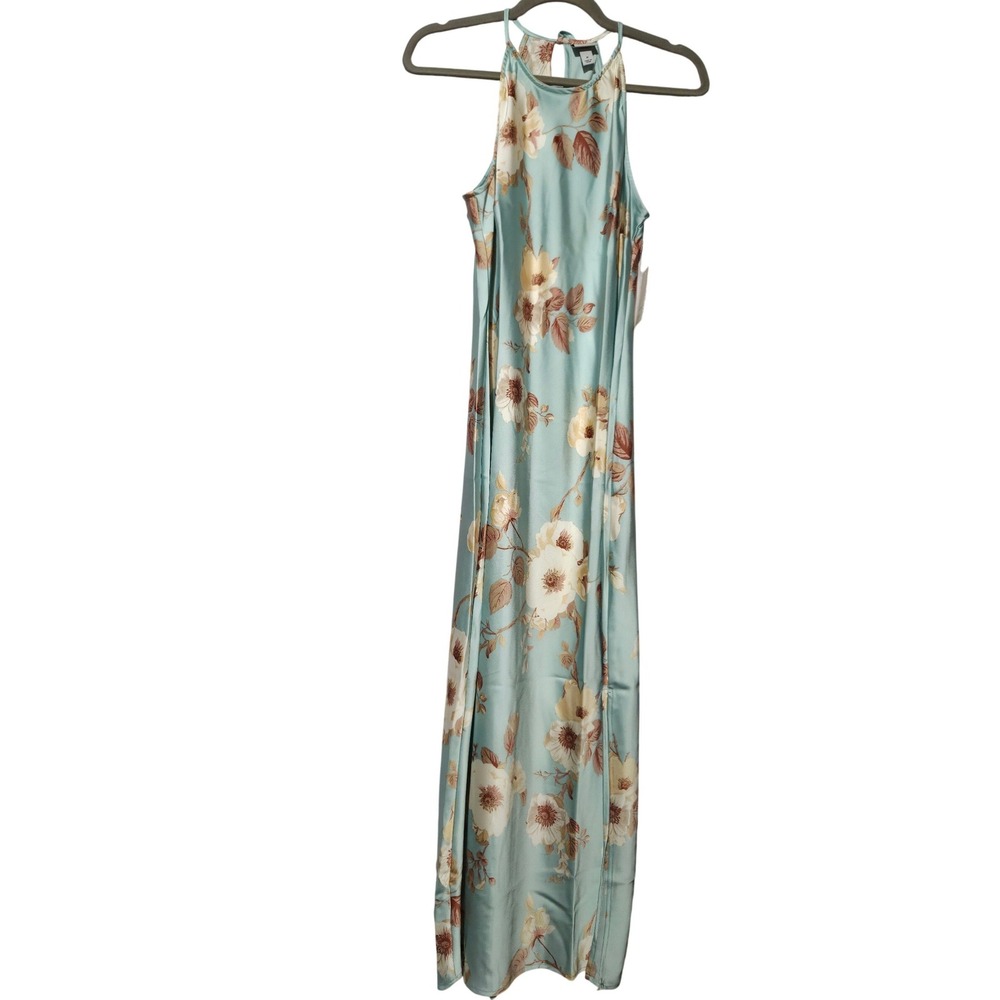 A New Day Blue Floral‎ Satin Halter Maxi Dress Sleeveless Tie Back Size M NWT